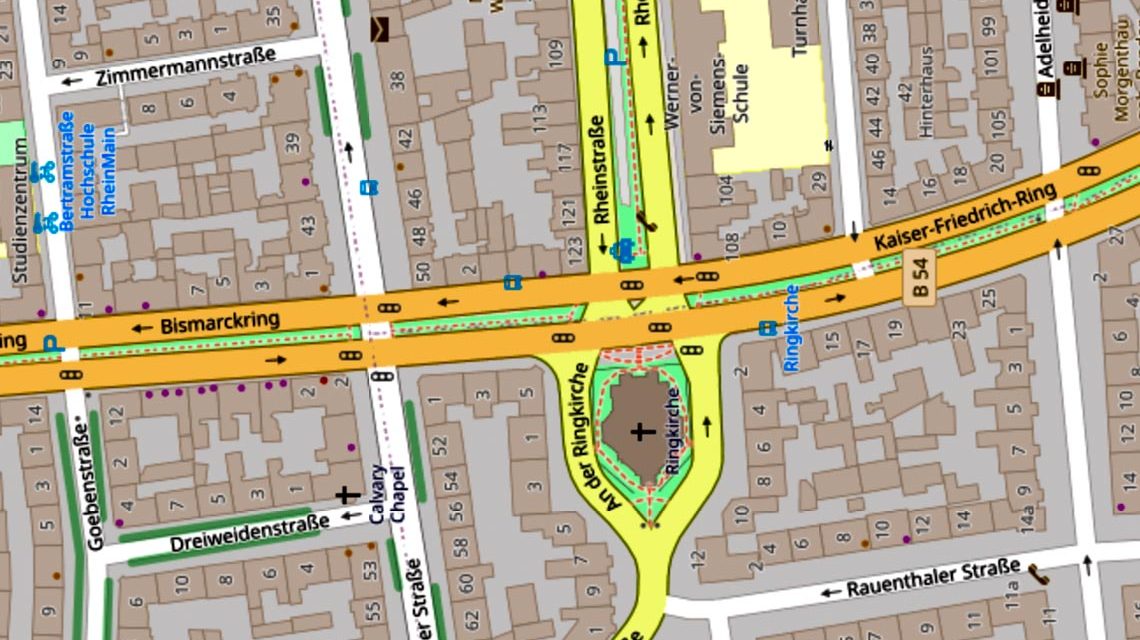 Dotzheimer Straße, Ringkirche Wiesbaden B54 ©2020 Openstreetmap