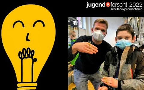 Teilnehmer Jonas Gollan (11) bei seinem Projekt „Lieblingsfutter der Stabheuschrecken“ mit Projektbetreuer Jürgen Knapp ©2022 InfraServ Wiesbaden