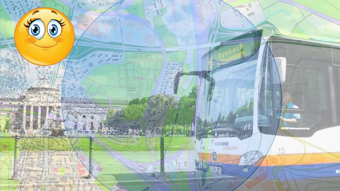 Bus fährt über die WilhelmstraßeBusumleitung, Straßenkarte mit Bus im Hintergrund.
