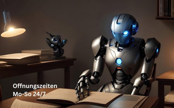 Roboter setzt am Schreibtisch un bearbeitet Akten.
