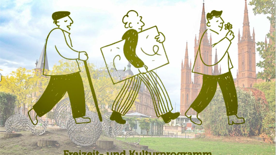 Blick übers Dresche Gelände. Im Vordergrund laufen drei Senioren. Ankündigung der Freizeit- und Kulturprogramm 2025.