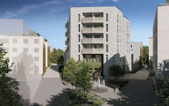 Quartier am Bürgerhaus mit Blick in zwei Häuserschluchten und in der Mitte die Kita am Bürgerhaus. ©2025 RenderVision
