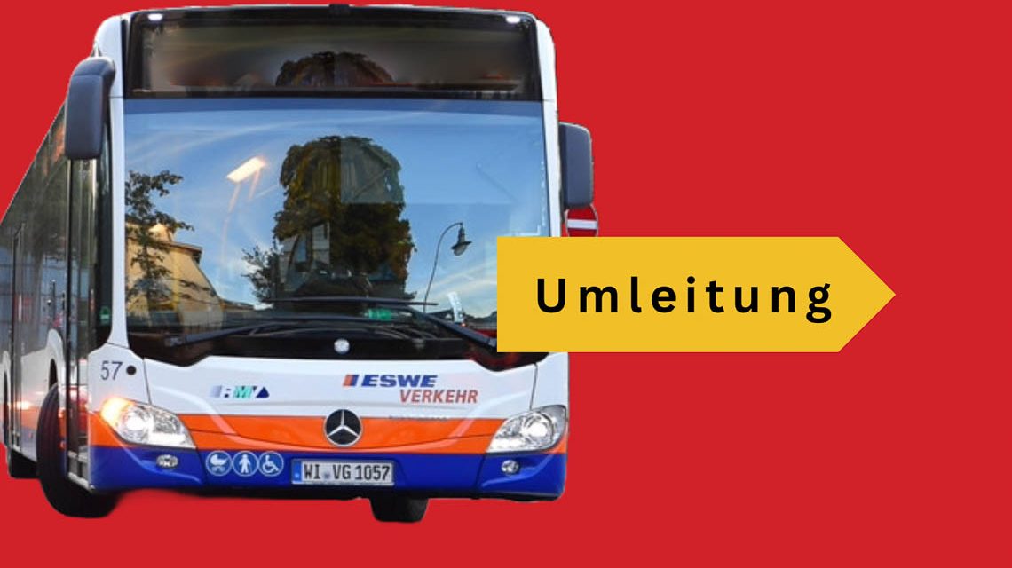 Bus-Umleitung, Busumleitung, Symbvolbild auf einfarbigen Hintergrund. Berliner Straße, Welfenstraße, Delkenheim