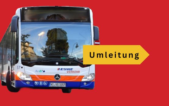 Bus-Umleitung, Busumleitung, Symbvolbild auf einfarbigen Hintergrund. Berliner Straße, Welfenstraße, Delkenheim