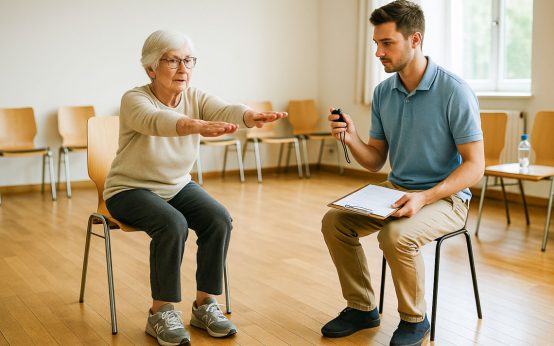 Alltags-Fitness-Tester mit Senior im Testraum.