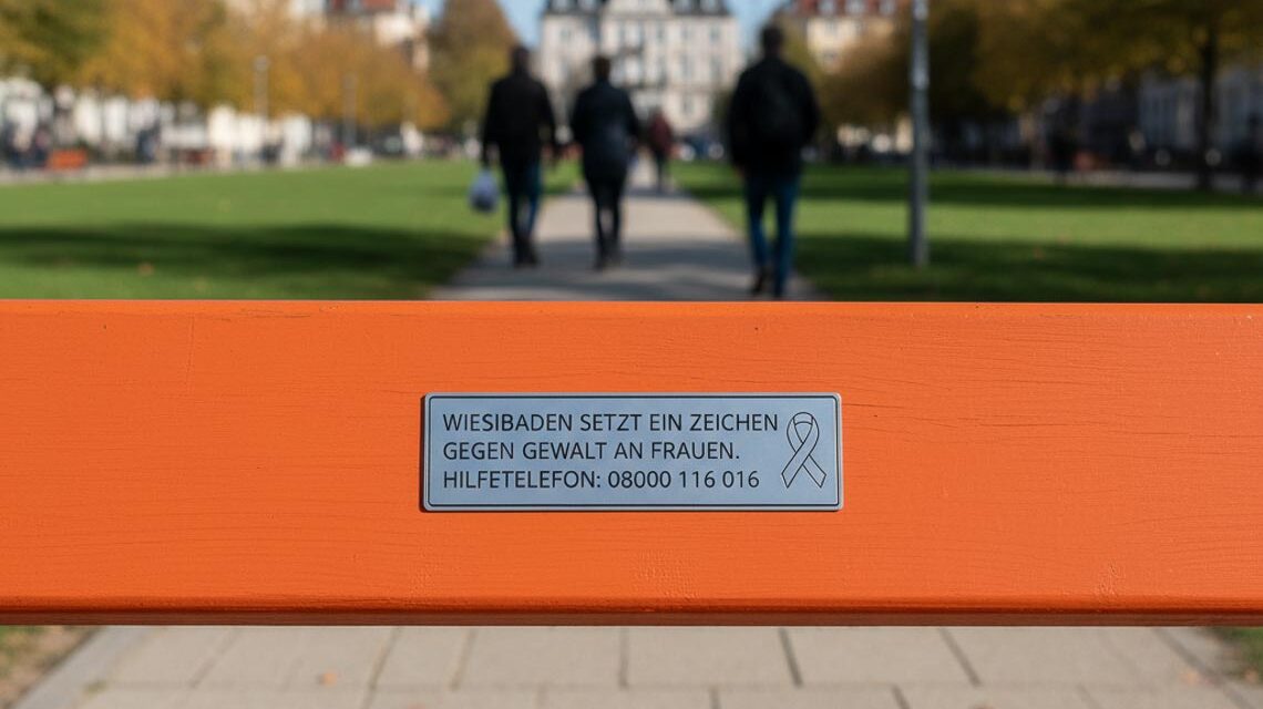 Gegen Gewalt an Frauen in Wiesbaden, orangene Bänke.