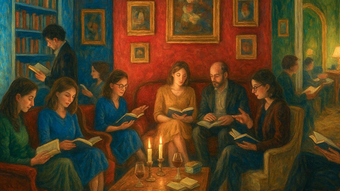 Leseparty in der Villa Clementine, Menschen sitzen und lesen, jeder für sich.